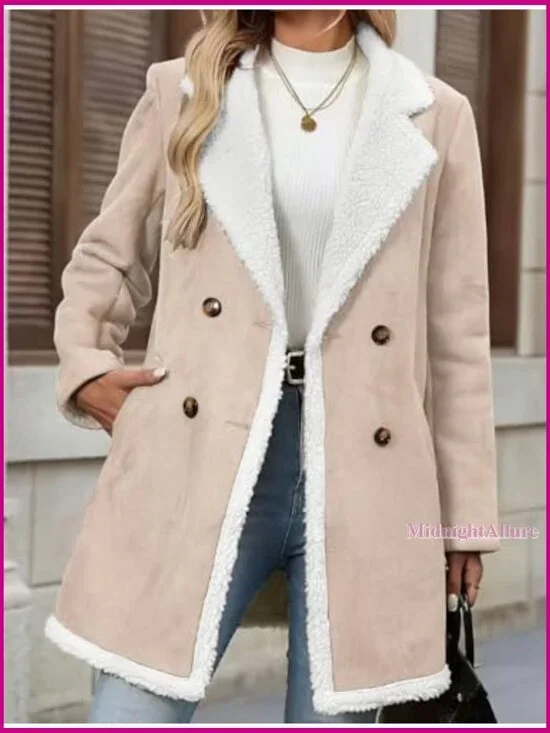 Women's Winter Sherpa Fleece Lined Faux Suede Peacoat Double Breasted Jacket - Picture 2 of 3